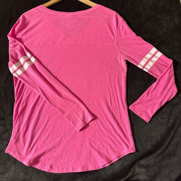 Victoria's Secret PINK Sm Hot Pink Sheer Long Sleeve Varsity Striped Logo V-Neck - Picture 6 of 11